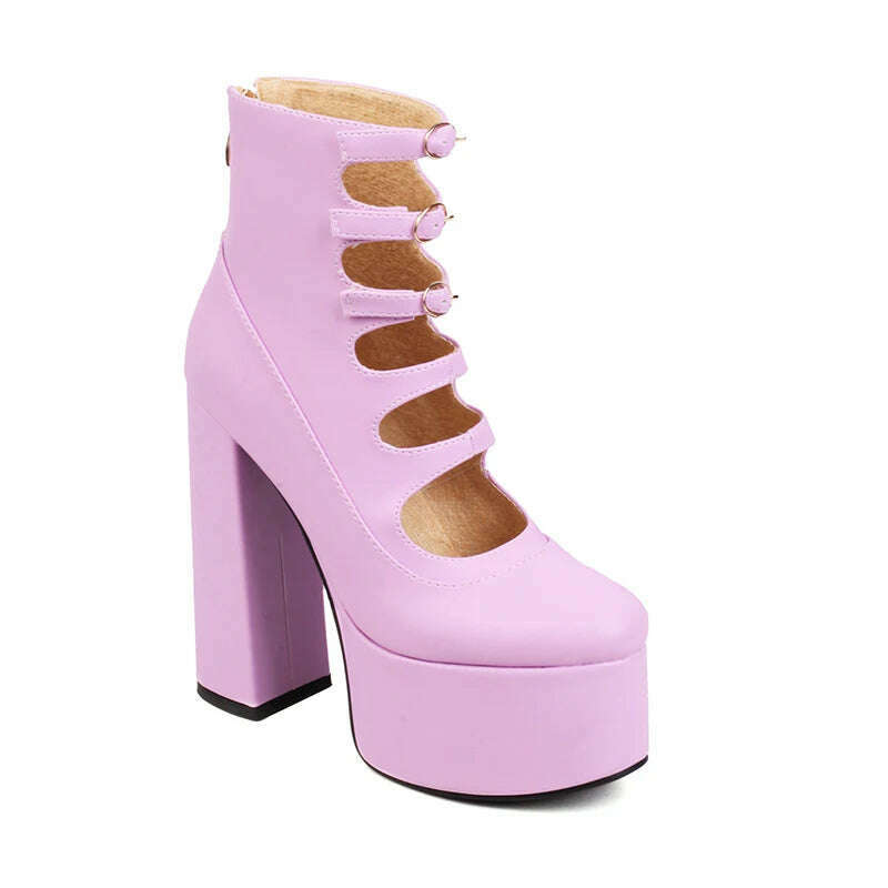Super High Waterproof Platform Microfiber Material Roman Style Golden Hollow Sexy Woman's Ankle Boots Back Zipper Plush Lining - KIMLUD