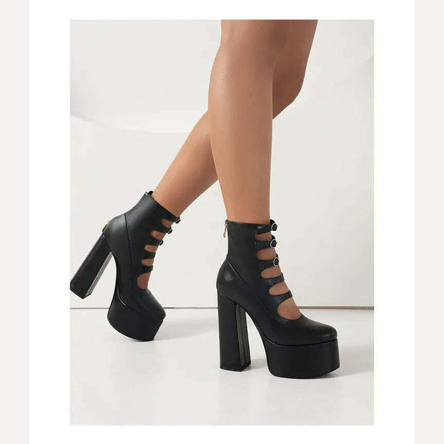 Super High Waterproof Platform Microfiber Material Roman Style Golden Hollow Sexy Woman's Ankle Boots Back Zipper Plush Lining - KIMLUD