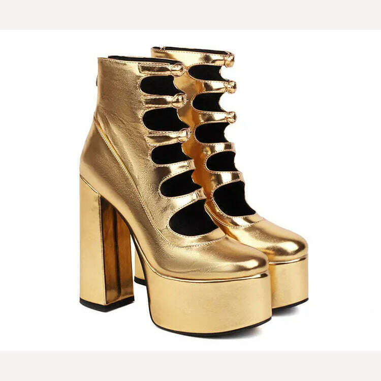 Super High Waterproof Platform Microfiber Material Roman Style Golden Hollow Sexy Woman's Ankle Boots Back Zipper Plush Lining - KIMLUD
