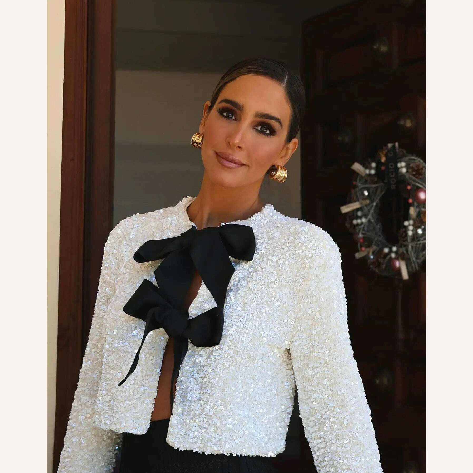 Sweet Bow Lace Up Sequin Shiny Jacket For Women Fashion O-neck Long Sleeves Sexy Cardigans Lady Elegant Christmas Party Outwear - KIMLUD