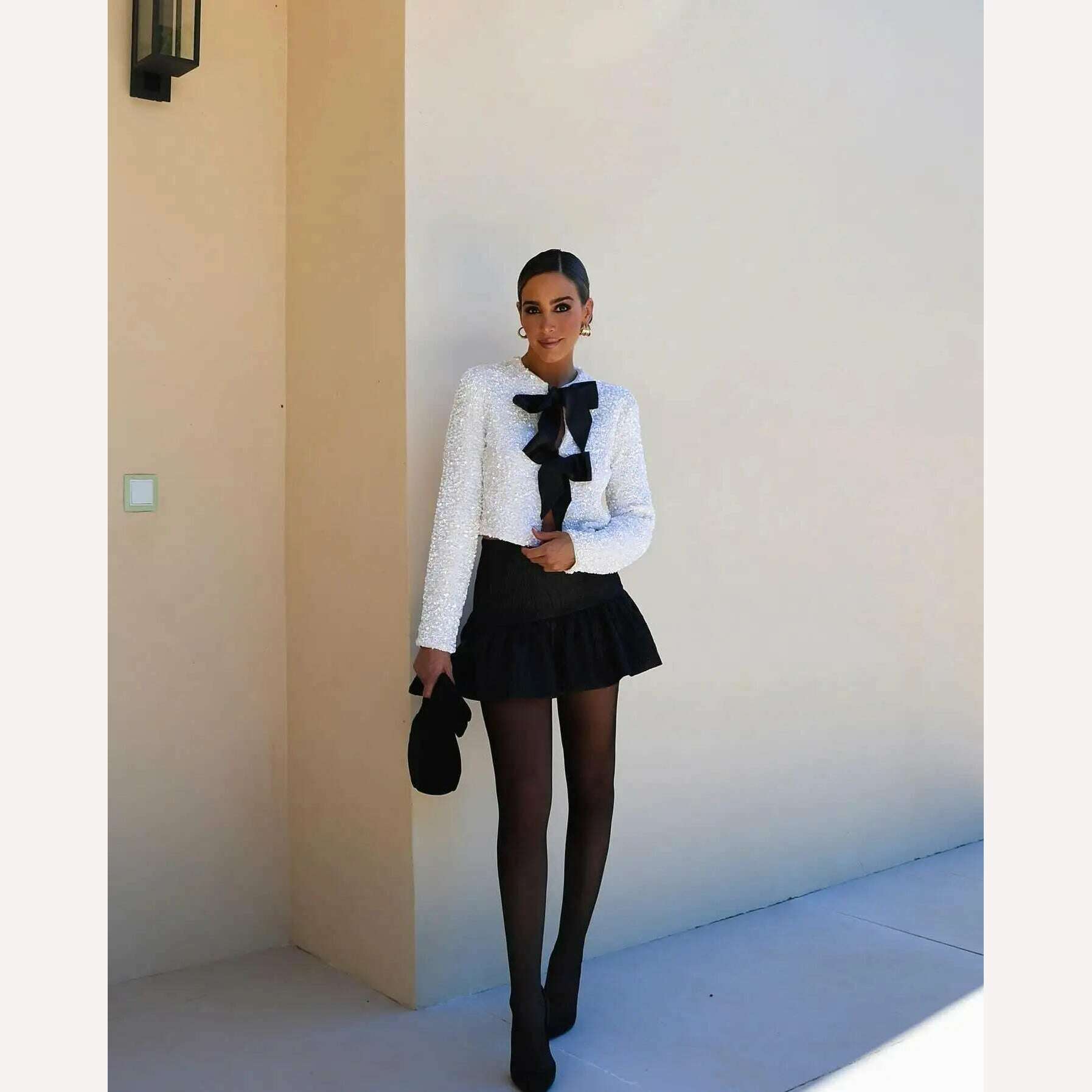 Sweet Bow Lace Up Sequin Shiny Jacket For Women Fashion O-neck Long Sleeves Sexy Cardigans Lady Elegant Christmas Party Outwear - KIMLUD