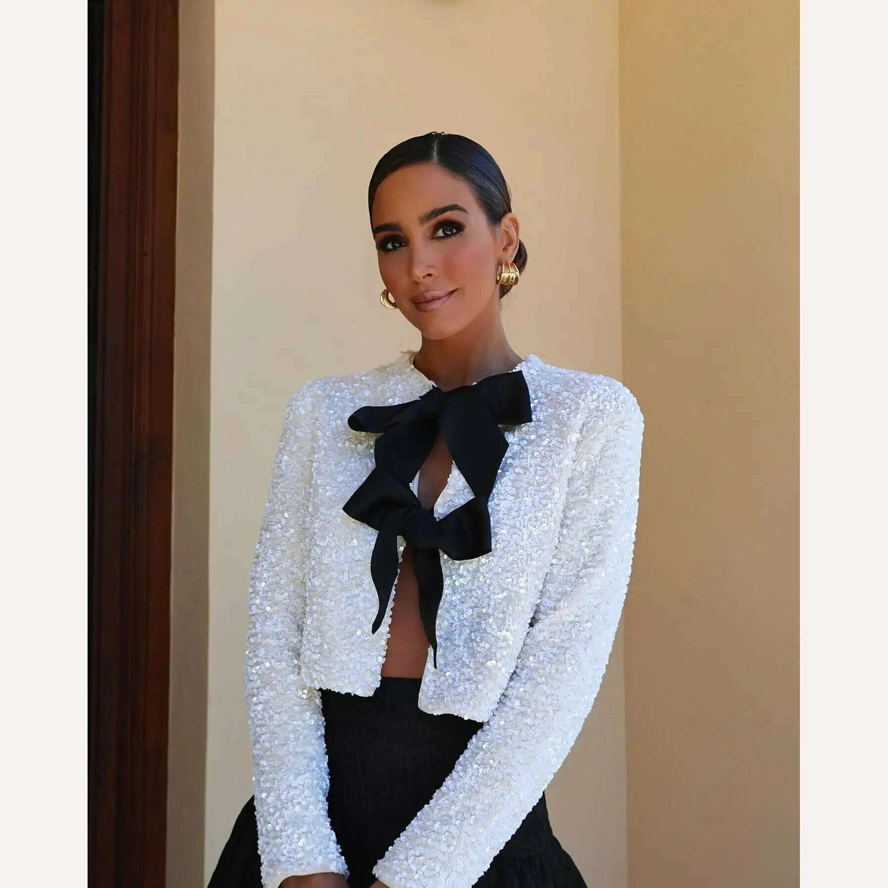 Sweet Bow Lace Up Sequin Shiny Jacket For Women Fashion O-neck Long Sleeves Sexy Cardigans Lady Elegant Christmas Party Outwear - KIMLUD
