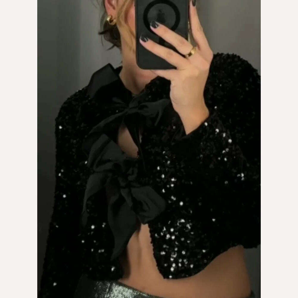 Sweet Bow Lace Up Sequin Shiny Jacket For Women Fashion O-neck Long Sleeves Sexy Cardigans Lady Elegant Christmas Party Outwear - KIMLUD