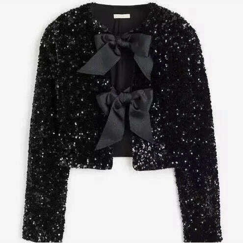 Sweet Bow Lace Up Sequin Shiny Jacket For Women Fashion O-neck Long Sleeves Sexy Cardigans Lady Elegant Christmas Party Outwear - KIMLUD