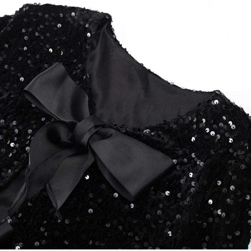 Sweet Bow Lace Up Sequin Shiny Jacket For Women Fashion O-neck Long Sleeves Sexy Cardigans Lady Elegant Christmas Party Outwear - KIMLUD