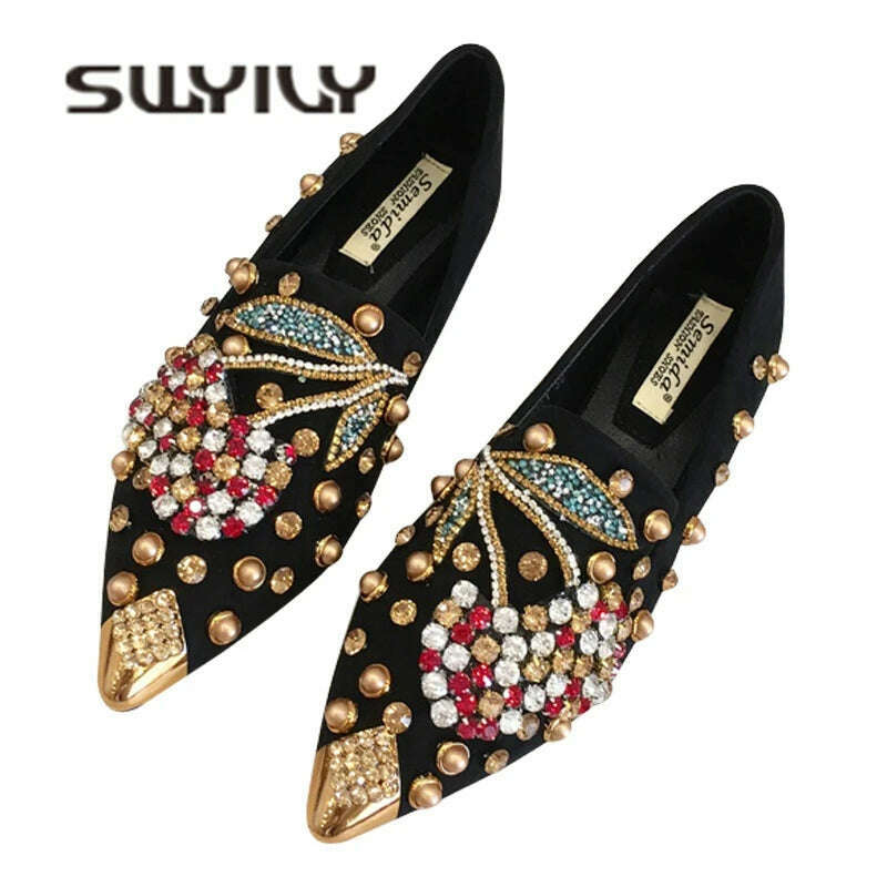SWYIVY Woman Flats Loafers Shoes Rhinestone Crystal Loafers Ladies Casual Shoes For Women Pointed-Toe Flats Spring and Autumn - KIMLUD