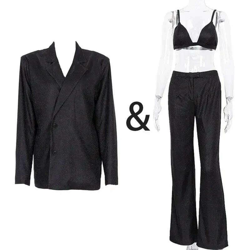 TARUXY Sliver Sparkly OVersized Blazer Sets For Women Suit Ladies Casual Glitter Coat And Pants Sets Blazer Femme Mujer Party - KIMLUD
