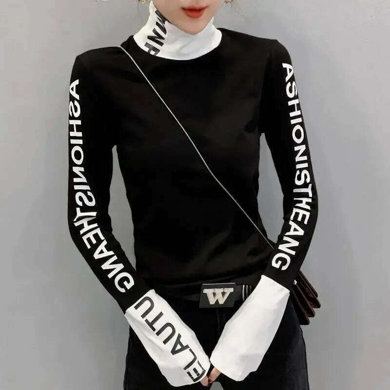 Top for Women Long Sleeve Turtleneck Slim T Shirts Female Yellow Skinny Emo Tees Cartoon Clothes Loose Youth Spring Xxl Pulovers - KIMLUD