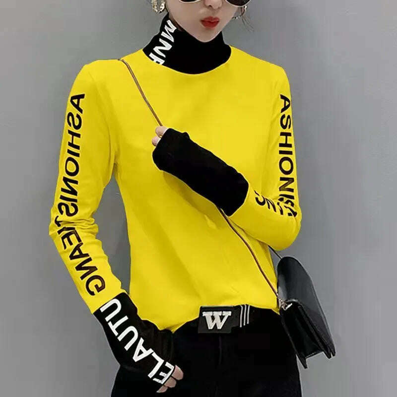 Top for Women Long Sleeve Turtleneck Slim T Shirts Female Yellow Skinny Emo Tees Cartoon Clothes Loose Youth Spring Xxl Pulovers - KIMLUD