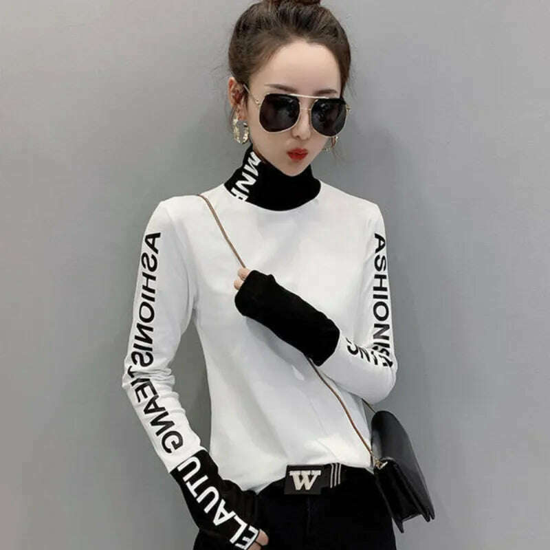 Top for Women Long Sleeve Turtleneck Slim T Shirts Female Yellow Skinny Emo Tees Cartoon Clothes Loose Youth Spring Xxl Pulovers - KIMLUD