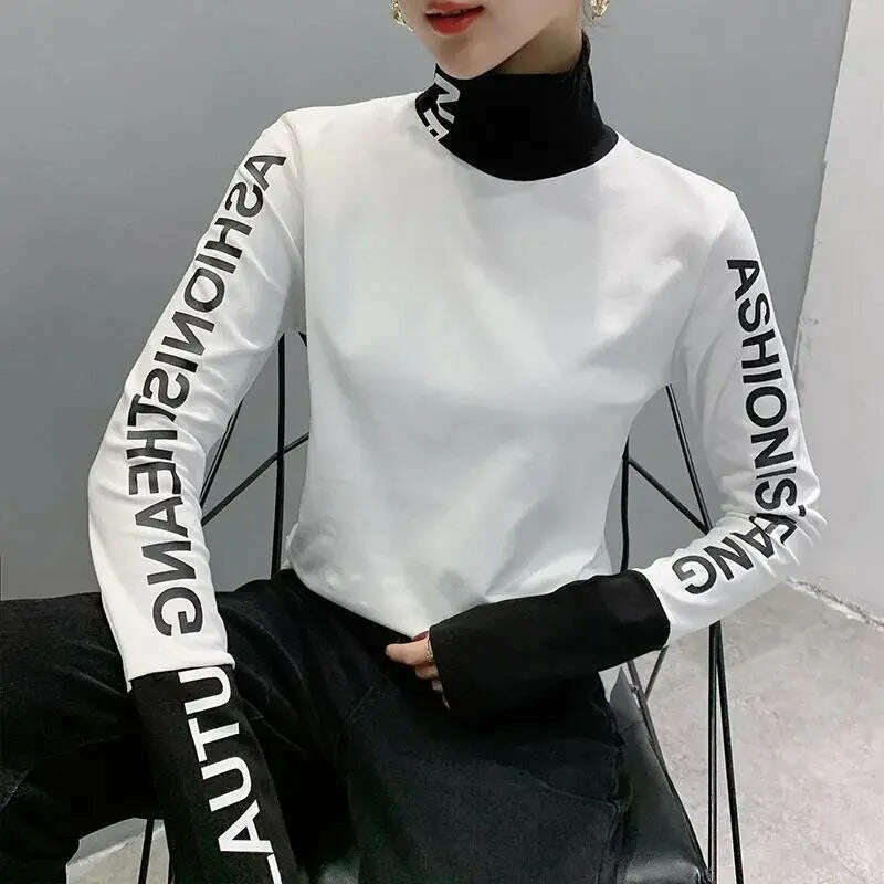 Top for Women Long Sleeve Turtleneck Slim T Shirts Female Yellow Skinny Emo Tees Cartoon Clothes Loose Youth Spring Xxl Pulovers - KIMLUD