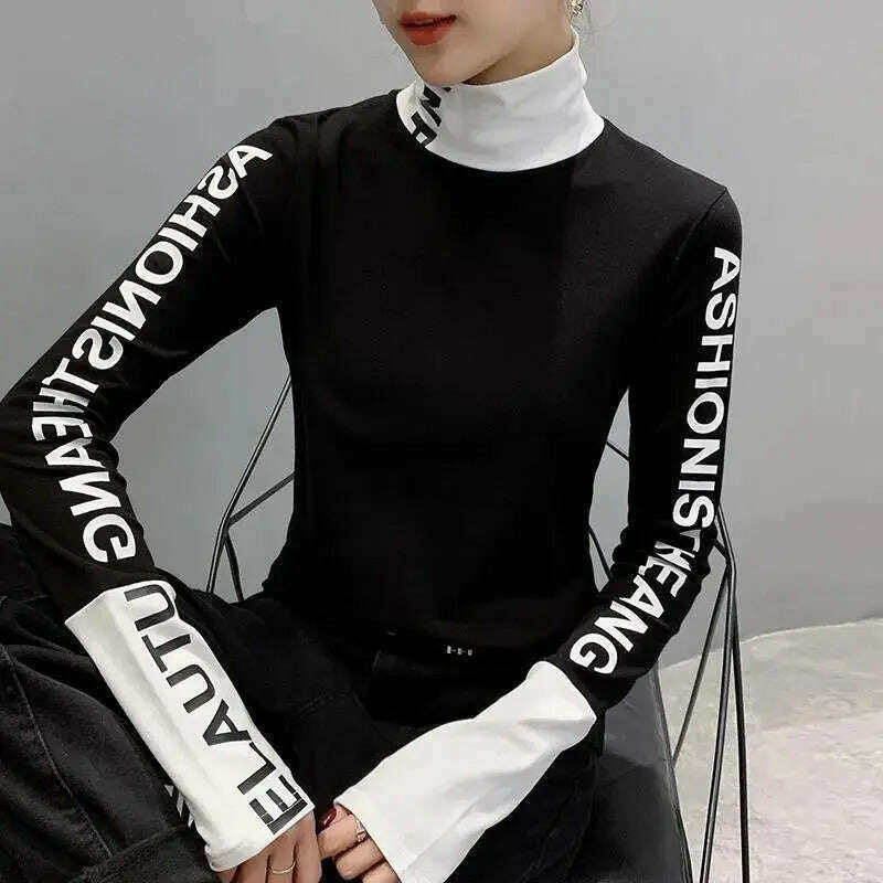 Top for Women Long Sleeve Turtleneck Slim T Shirts Female Yellow Skinny Emo Tees Cartoon Clothes Loose Youth Spring Xxl Pulovers - KIMLUD