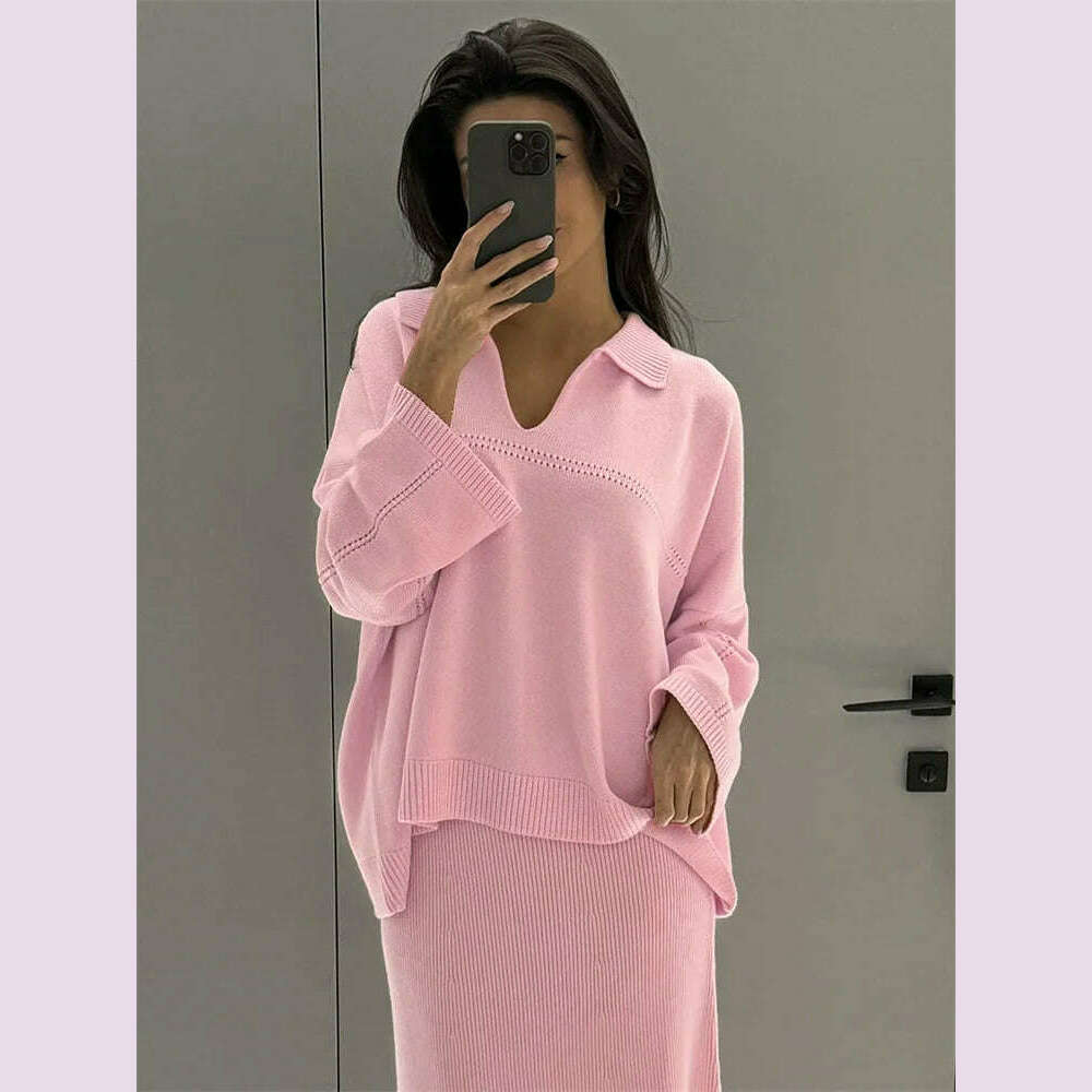 Tossy Autumn 2 Piece-Set Maxi Skirt Female V-Neck Loose Patchwork Fashion Pullover And Long Skirt Sets Elegant Ladies Outfits - KIMLUD