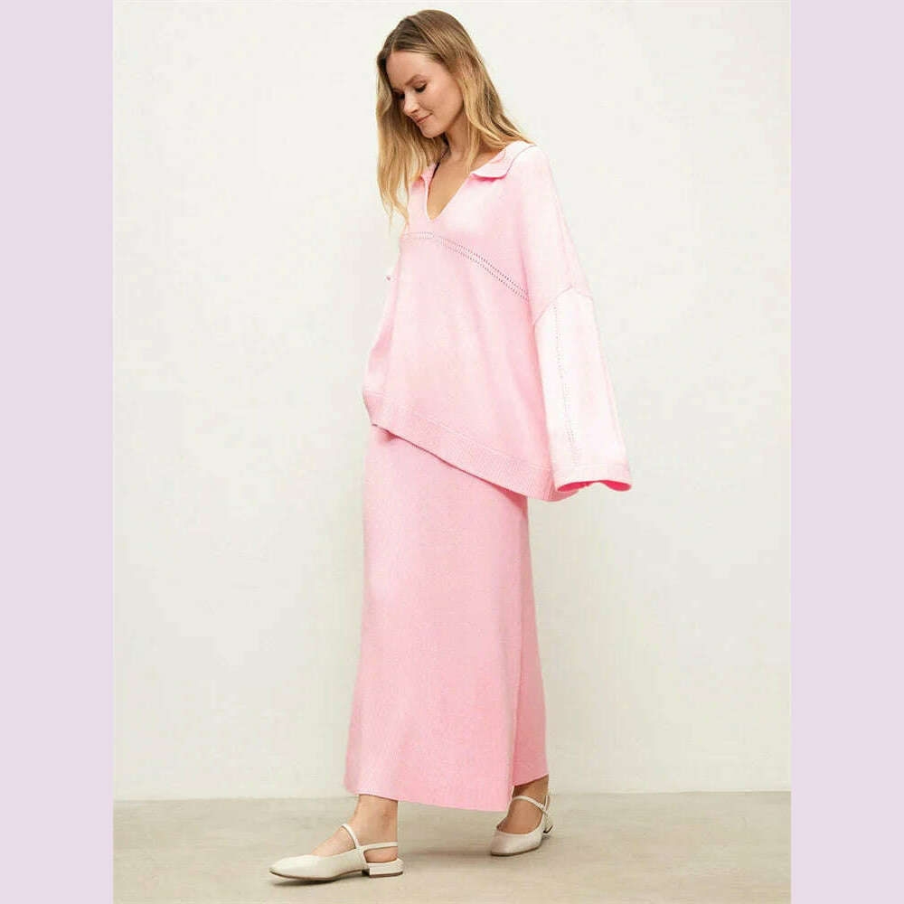 Tossy Autumn 2 Piece-Set Maxi Skirt Female V-Neck Loose Patchwork Fashion Pullover And Long Skirt Sets Elegant Ladies Outfits - KIMLUD