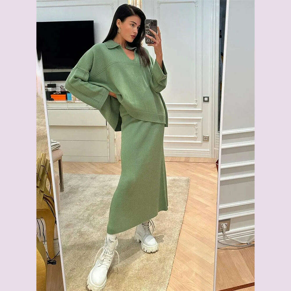 Tossy Autumn 2 Piece-Set Maxi Skirt Female V-Neck Loose Patchwork Fashion Pullover And Long Skirt Sets Elegant Ladies Outfits - KIMLUD