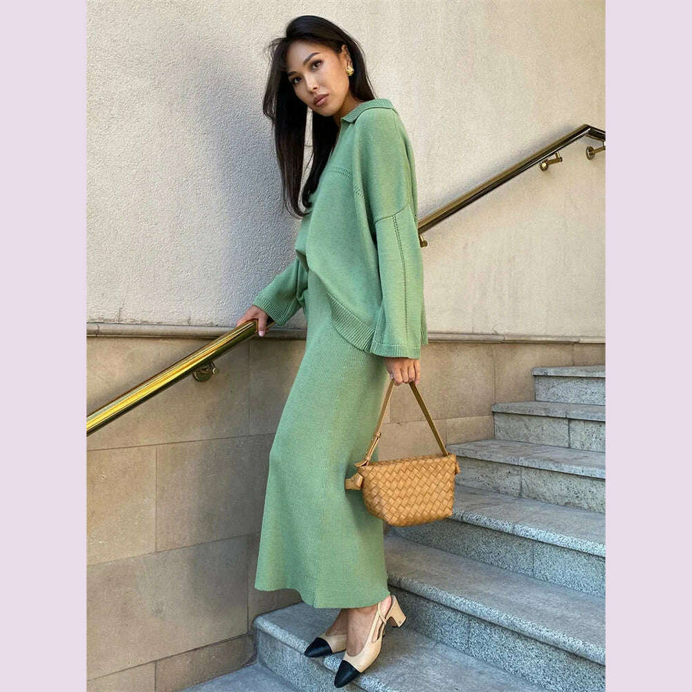 Tossy Autumn 2 Piece-Set Maxi Skirt Female V-Neck Loose Patchwork Fashion Pullover And Long Skirt Sets Elegant Ladies Outfits - KIMLUD