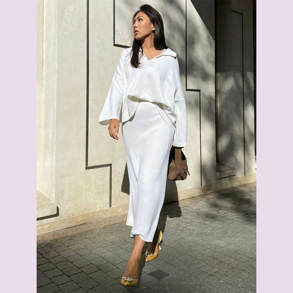 Tossy Autumn 2 Piece-Set Maxi Skirt Female V-Neck Loose Patchwork Fashion Pullover And Long Skirt Sets Elegant Ladies Outfits - KIMLUD