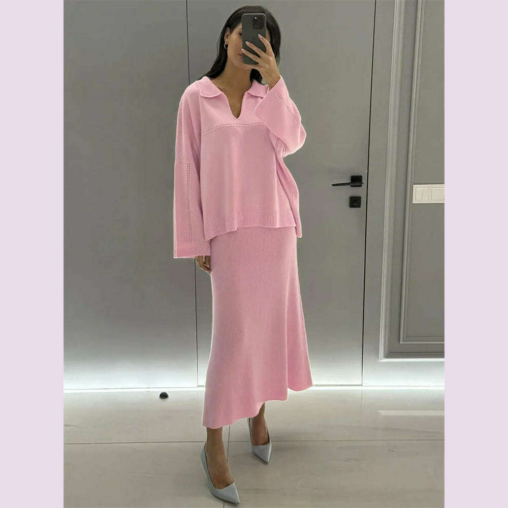 Tossy Autumn 2 Piece-Set Maxi Skirt Female V-Neck Loose Patchwork Fashion Pullover And Long Skirt Sets Elegant Ladies Outfits - KIMLUD