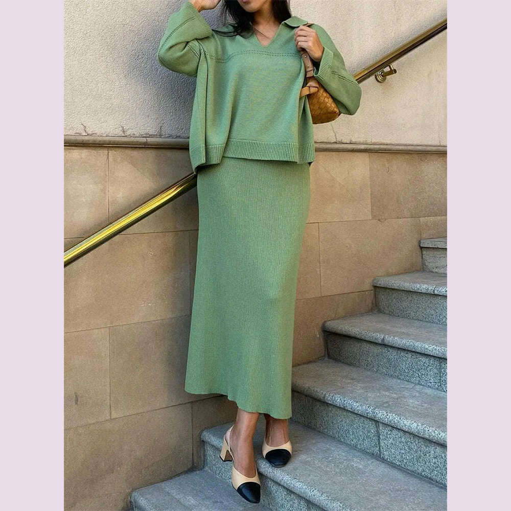 Tossy Autumn 2 Piece-Set Maxi Skirt Female V-Neck Loose Patchwork Fashion Pullover And Long Skirt Sets Elegant Ladies Outfits - KIMLUD