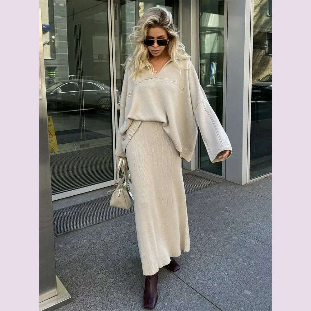 Tossy Autumn 2 Piece-Set Maxi Skirt Female V-Neck Loose Patchwork Fashion Pullover And Long Skirt Sets Elegant Ladies Outfits - KIMLUD