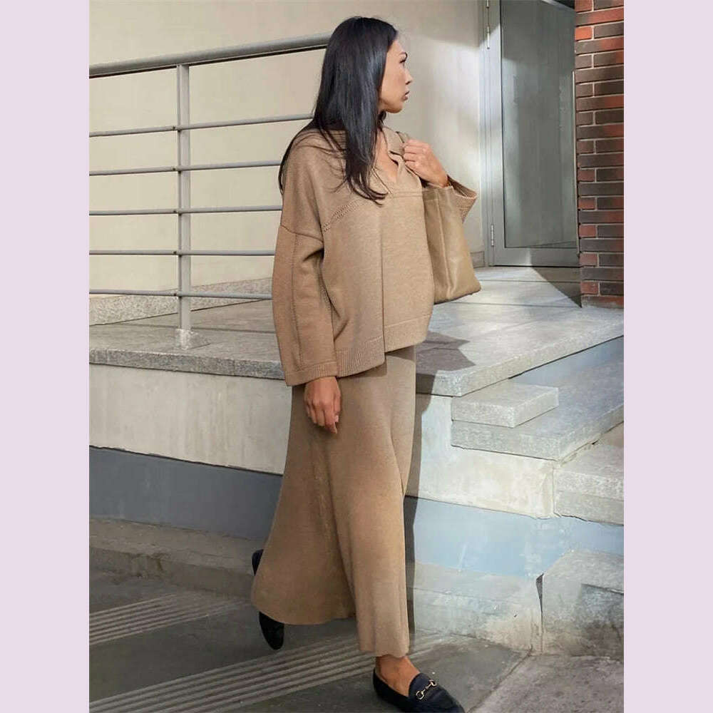 Tossy Autumn 2 Piece-Set Maxi Skirt Female V-Neck Loose Patchwork Fashion Pullover And Long Skirt Sets Elegant Ladies Outfits - KIMLUD