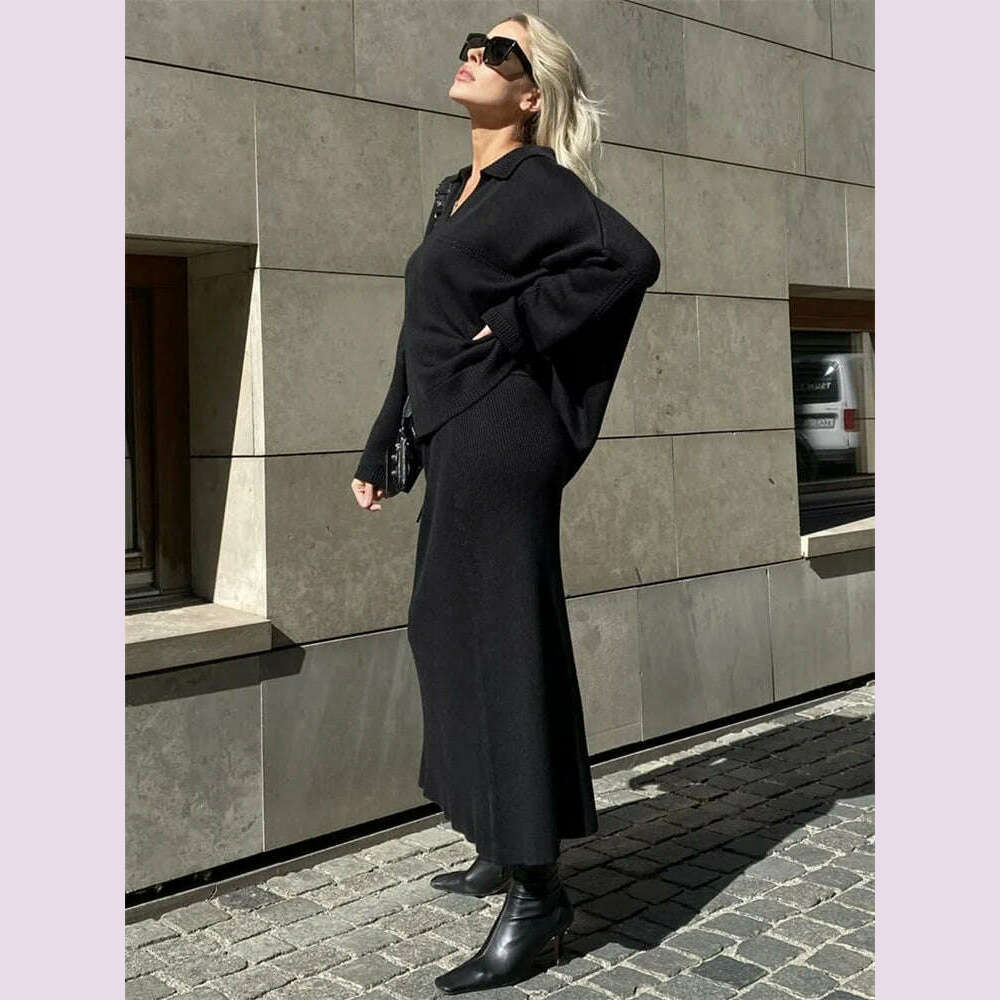 Tossy Autumn 2 Piece-Set Maxi Skirt Female V-Neck Loose Patchwork Fashion Pullover And Long Skirt Sets Elegant Ladies Outfits - KIMLUD