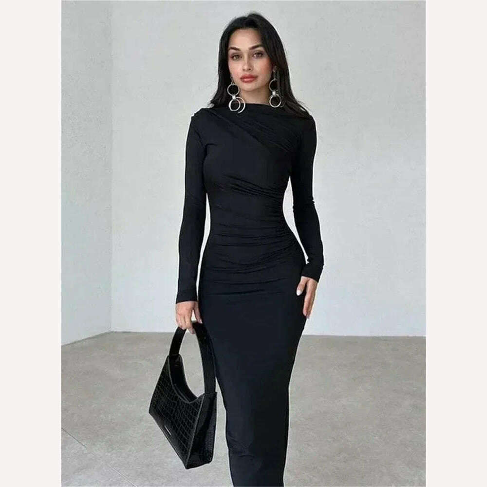 Tossy Fashion Pleated Autumn Dress Patchwork Elegant Women Long Sleeve Solid Vestidos Slim High Waist Bodycon Maxi Dress 2023 - KIMLUD