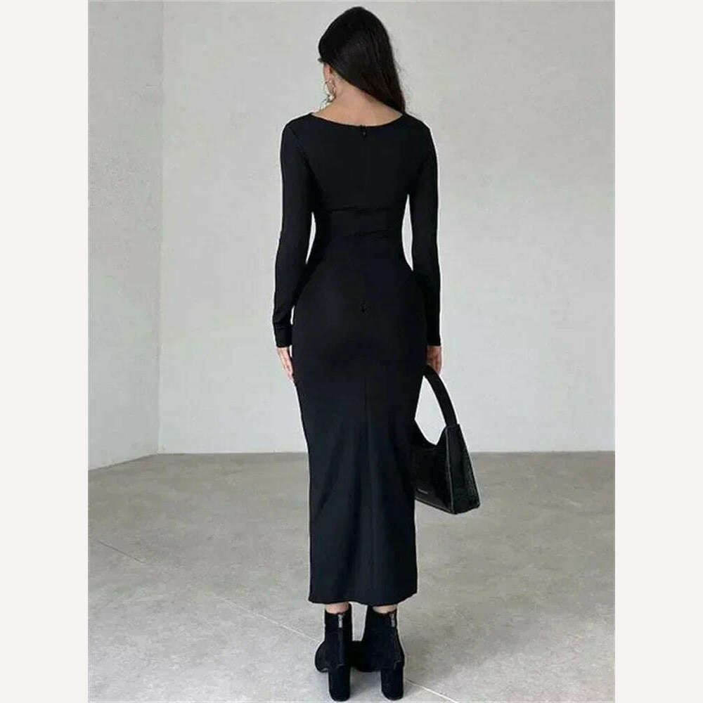 Tossy Fashion Pleated Autumn Dress Patchwork Elegant Women Long Sleeve Solid Vestidos Slim High Waist Bodycon Maxi Dress 2023 - KIMLUD