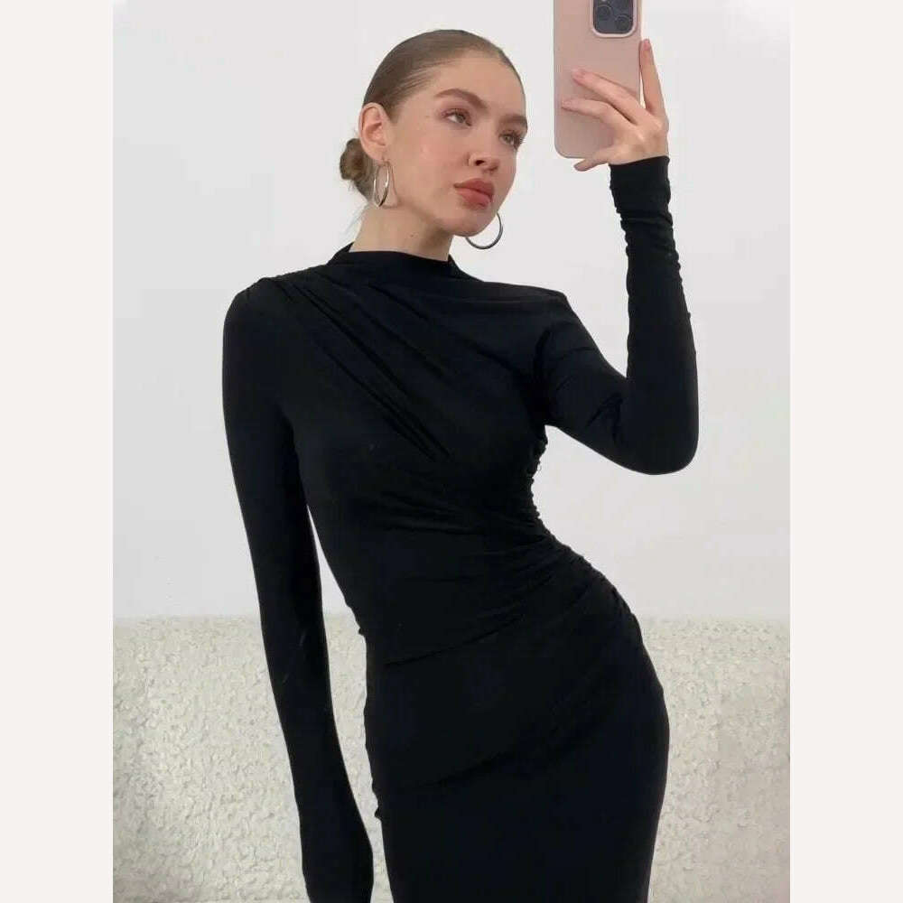 Tossy Fashion Pleated Autumn Dress Patchwork Elegant Women Long Sleeve Solid Vestidos Slim High Waist Bodycon Maxi Dress 2023 - KIMLUD