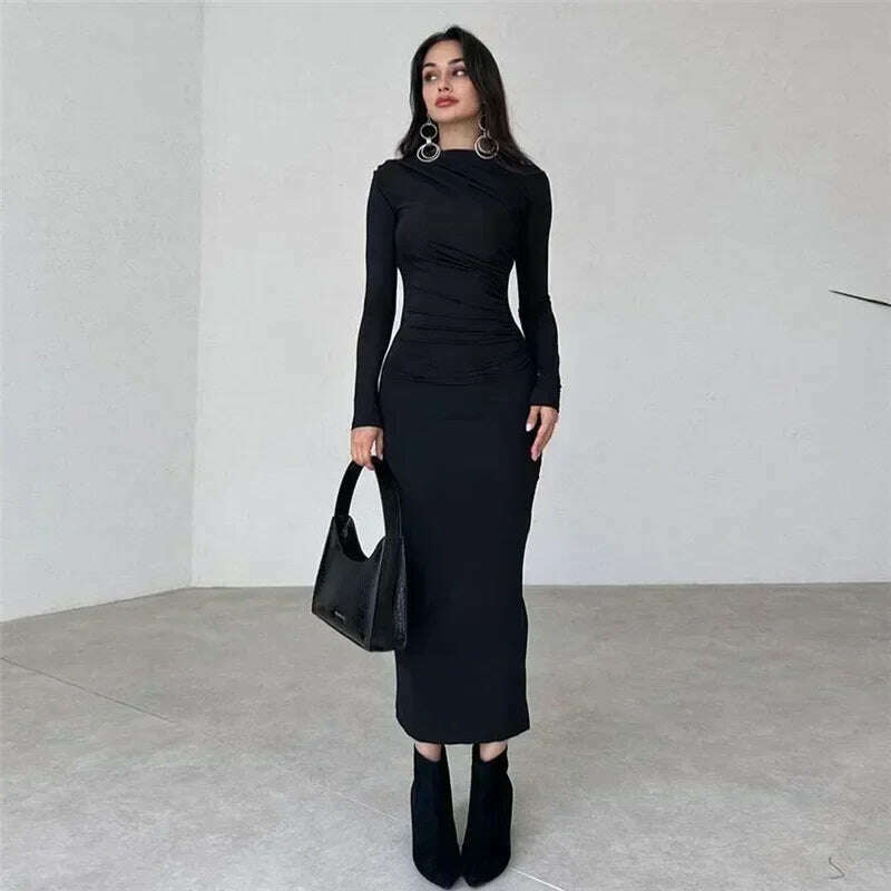Tossy Fashion Pleated Autumn Dress Patchwork Elegant Women Long Sleeve Solid Vestidos Slim High Waist Bodycon Maxi Dress 2023 - KIMLUD