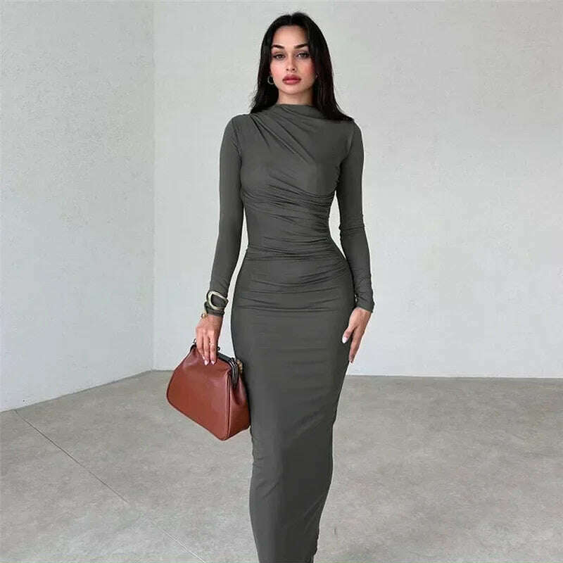 Tossy Fashion Pleated Autumn Dress Patchwork Elegant Women Long Sleeve Solid Vestidos Slim High Waist Bodycon Maxi Dress 2023 - KIMLUD