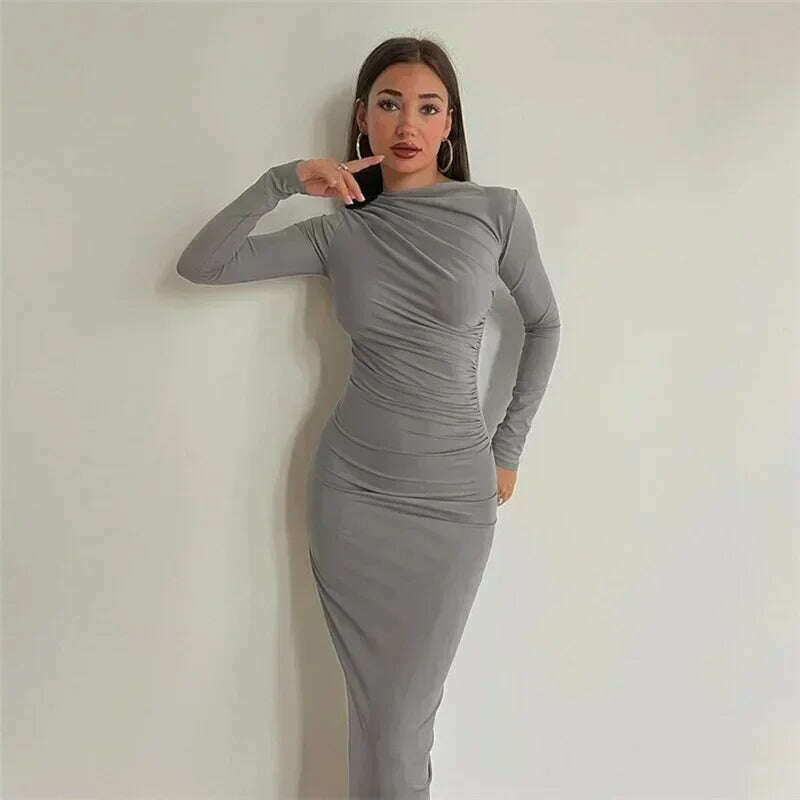 Tossy Fashion Pleated Autumn Dress Patchwork Elegant Women Long Sleeve Solid Vestidos Slim High Waist Bodycon Maxi Dress 2023 - KIMLUD