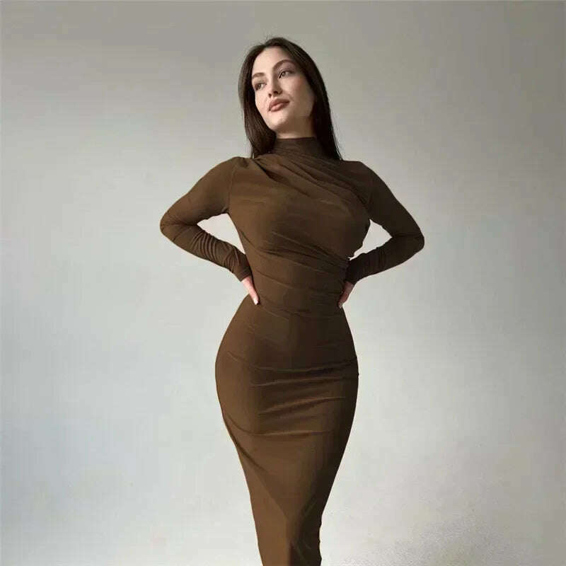 Tossy Fashion Pleated Autumn Dress Patchwork Elegant Women Long Sleeve Solid Vestidos Slim High Waist Bodycon Maxi Dress 2023 - KIMLUD