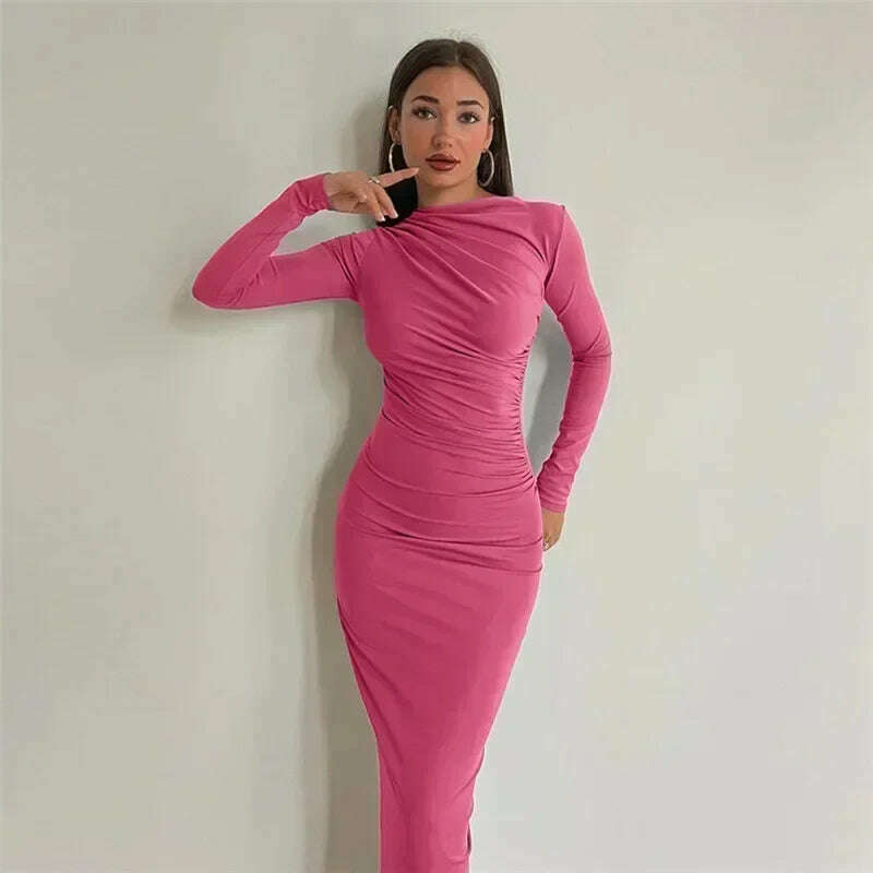 Tossy Fashion Pleated Autumn Dress Patchwork Elegant Women Long Sleeve Solid Vestidos Slim High Waist Bodycon Maxi Dress 2023 - KIMLUD