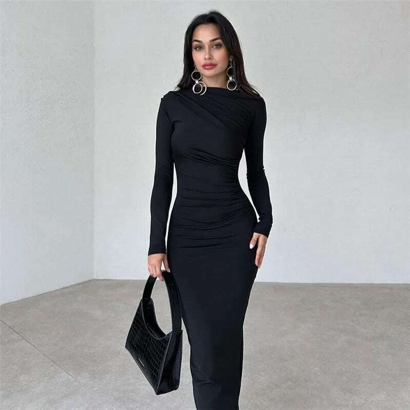 Tossy Fashion Pleated Autumn Dress Patchwork Elegant Women Long Sleeve Solid Vestidos Slim High Waist Bodycon Maxi Dress 2023 - KIMLUD