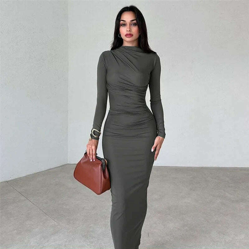 Tossy Fashion Pleated Autumn Dress Patchwork Elegant Women Long Sleeve Solid Vestidos Slim High Waist Bodycon Maxi Dress 2023 - KIMLUD