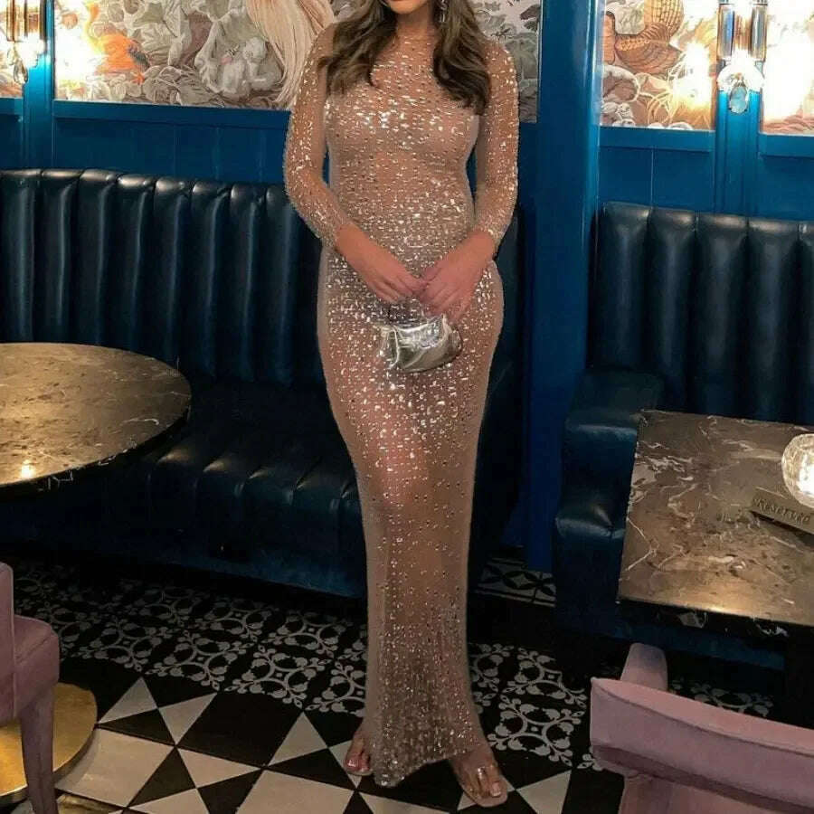 Tossy Glitter Female Cover up Maxi Dress Mesh See-Through Split Fashion Long Sleeve Slim Sexy Beach Cover up Dress For Women - KIMLUD