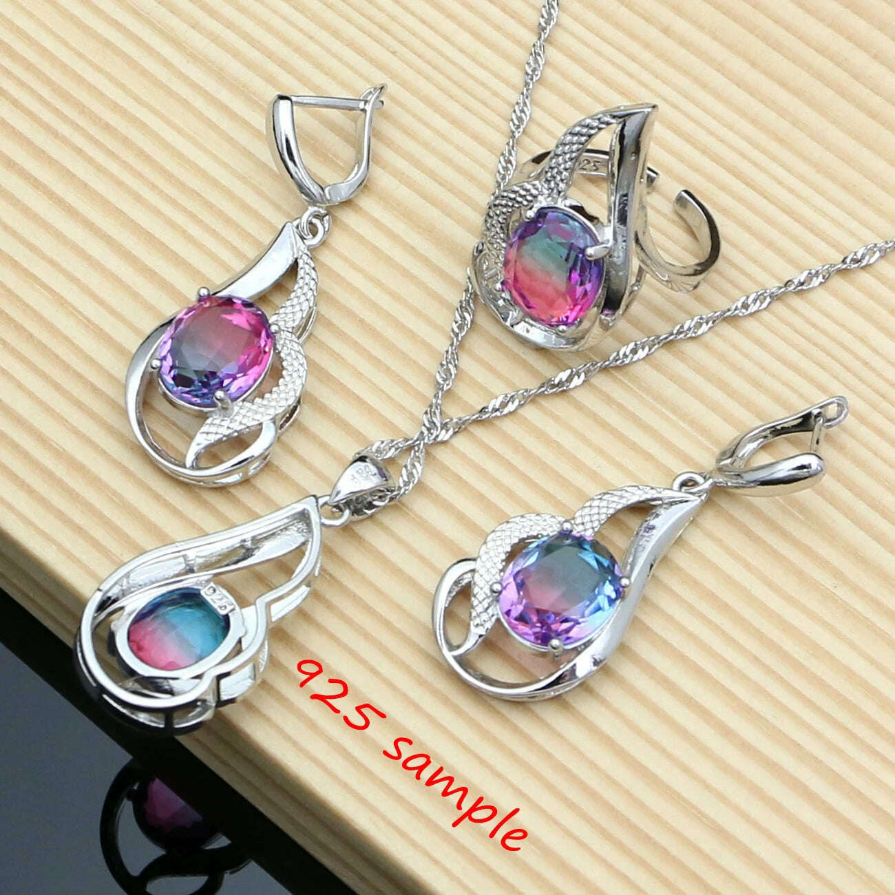 KIMLUD, Tourmaline Jewelry Sets For Women - 925 Sterling Silver Earring/Pendant/Necklace/ Open Ring/Tennis Bracelet Set Dropshipping, KIMLUD Womens Clothes