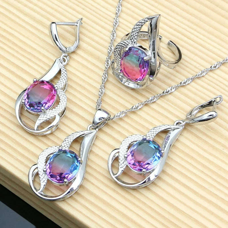 KIMLUD, Tourmaline Jewelry Sets For Women - 925 Sterling Silver Earring/Pendant/Necklace/ Open Ring/Tennis Bracelet Set Dropshipping, Rainbow 3 pcs / resizable, KIMLUD APPAREL - Womens Clothes