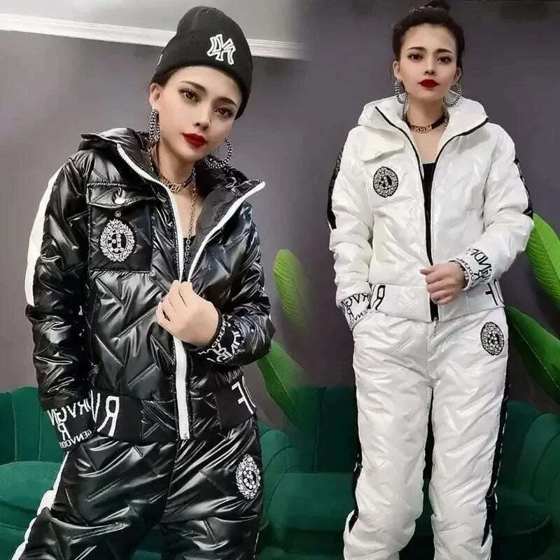 Trend Down Cotton Two Piece Sets Winter Warm Casual Thick Crop Hooded Coat Women Windproof Snow Wear Puffy Jogger Pant Tracksuit - KIMLUD