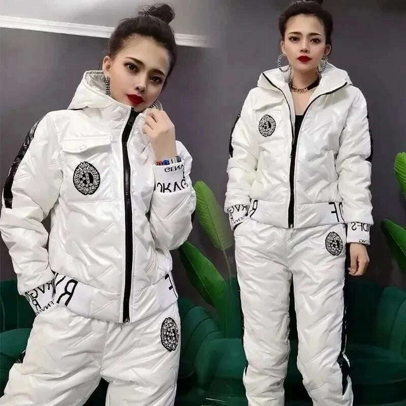 Trend Down Cotton Two Piece Sets Winter Warm Casual Thick Crop Hooded Coat Women Windproof Snow Wear Puffy Jogger Pant Tracksuit - KIMLUD