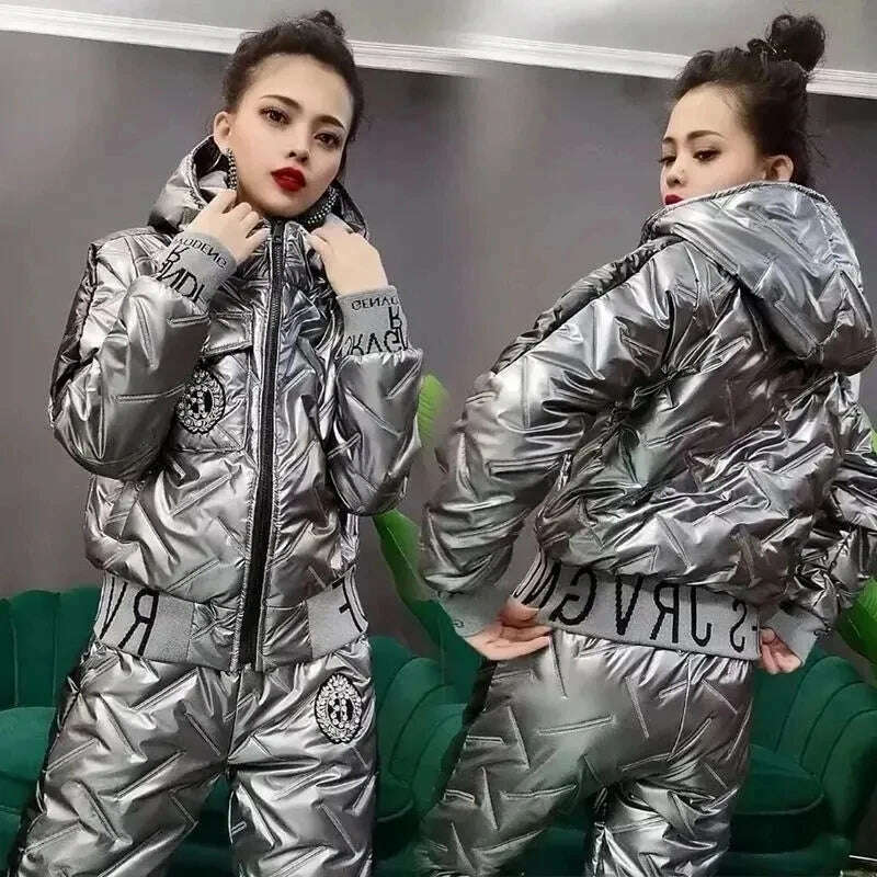 Trend Down Cotton Two Piece Sets Winter Warm Casual Thick Crop Hooded Coat Women Windproof Snow Wear Puffy Jogger Pant Tracksuit - KIMLUD