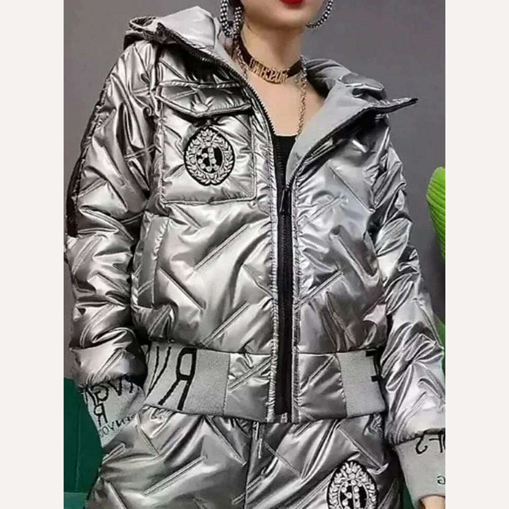 Trend Down Cotton Two Piece Sets Winter Warm Casual Thick Crop Hooded Coat Women Windproof Snow Wear Puffy Jogger Pant Tracksuit - KIMLUD