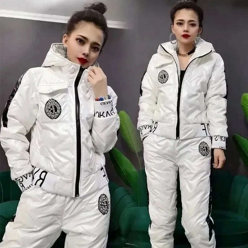 Trend Down Cotton Two Piece Sets Winter Warm Casual Thick Crop Hooded Coat Women Windproof Snow Wear Puffy Jogger Pant Tracksuit - KIMLUD