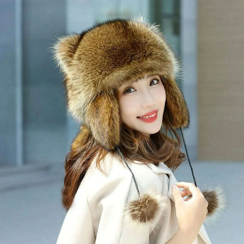 KIMLUD, trend Raccoon Fur Cap Tail Women Natural Raccoon Fur Caps Ushanka Hats for Winter Thick Warm Ears Fashion Bomber Pom Pom Hat, KIMLUD Womens Clothes