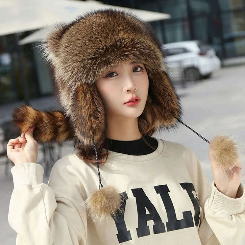 KIMLUD, trend Raccoon Fur Cap Tail Women Natural Raccoon Fur Caps Ushanka Hats for Winter Thick Warm Ears Fashion Bomber Pom Pom Hat, KIMLUD Womens Clothes