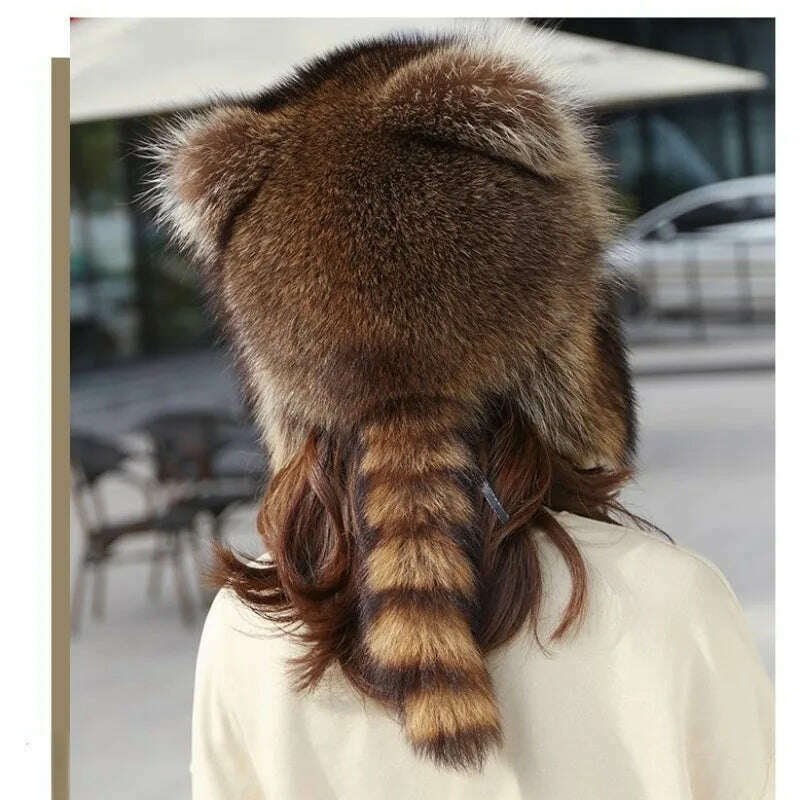 KIMLUD, trend Raccoon Fur Cap Tail Women Natural Raccoon Fur Caps Ushanka Hats for Winter Thick Warm Ears Fashion Bomber Pom Pom Hat, KIMLUD Womens Clothes