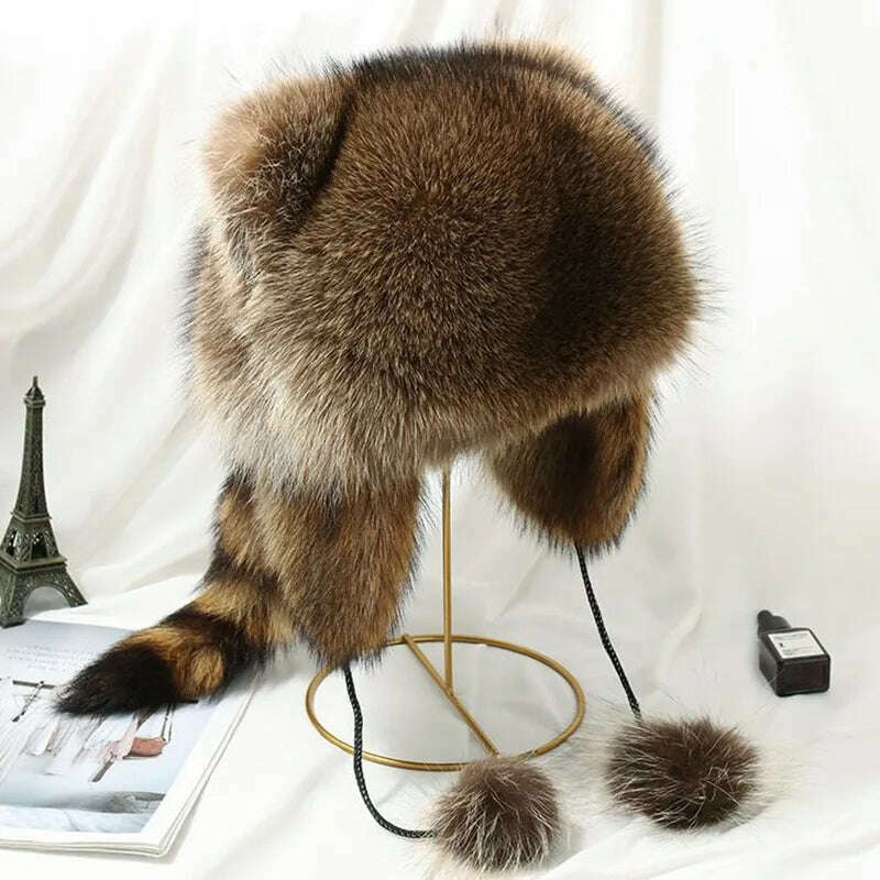 KIMLUD, trend Raccoon Fur Cap Tail Women Natural Raccoon Fur Caps Ushanka Hats for Winter Thick Warm Ears Fashion Bomber Pom Pom Hat, KIMLUD Womens Clothes