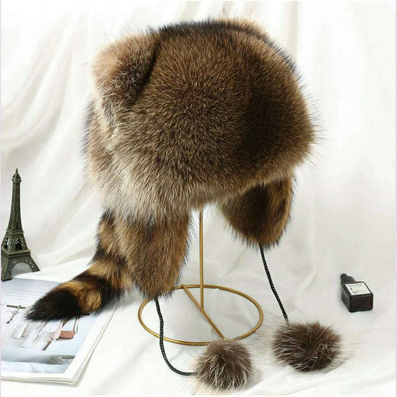 KIMLUD, trend Raccoon Fur Cap Tail Women Natural Raccoon Fur Caps Ushanka Hats for Winter Thick Warm Ears Fashion Bomber Pom Pom Hat, color 1 / Adjustable, KIMLUD APPAREL - Womens Clothes
