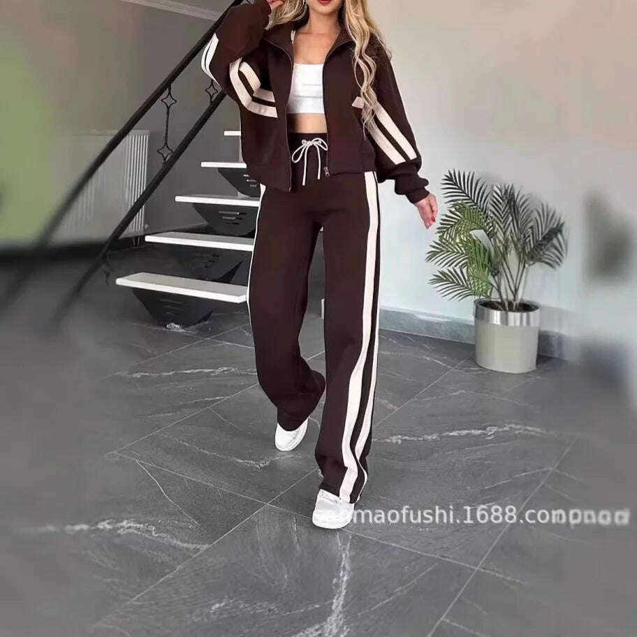 KIMLUD, Two Piece Set Women Fashion Striped Splicing Lapel Zipper Coat High Waist Pants Outfit Autumn Winter Long Sleeve Suit Tracksuit, KIMLUD Womens Clothes